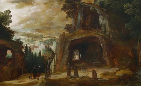 Joos de Momper — Landschaft mit Mönchen vor einer Felsengrotte