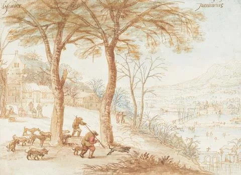 Joos de Momper — Jäger in weiter Winterlandschaft