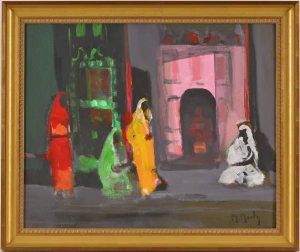 Marcel Mouly — Trois indiennes, un indien à la Porte d'un Temple à Jaipur (Rajasthan)