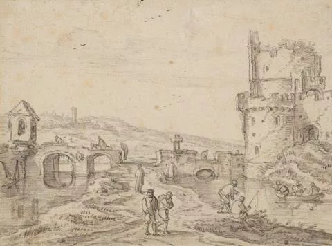 Esaias Van de Velde l'Ancien — Landschaft mit Brücke und Turmruine