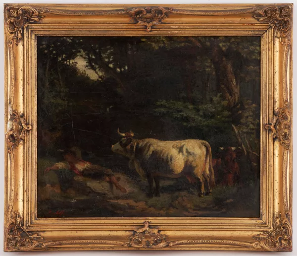 Rudolf von Alt — D’après Rudolf Von Alt — Vaches et paysans au bord d'une rivière,