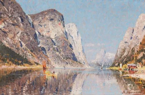 Adelsteen Normann — Fjordlandschaft mit Dampfschiff, Segel- und Ruderboot