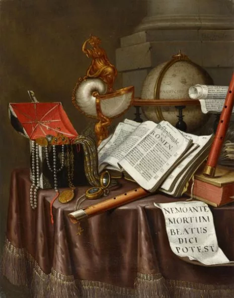 Edwaert Collier — Vanitas-Stillleben mit Büchern, Globus, Nautiluspokal und Flöten