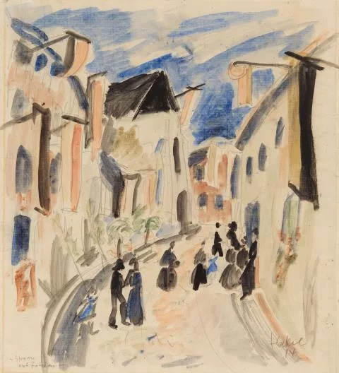 Erich Heckel — Straße mit Fahnen. Rückseitig Porträt Nora Nauen