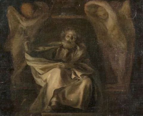 Anton Raphael Mengs — Hl. Petrus mit Schlüsseln, gerahmt von zwei Engeln. Grisaillebozzetto für das Fresko in der Sala dei Papiri im Palazzo Apostolico Vaticano, Rom