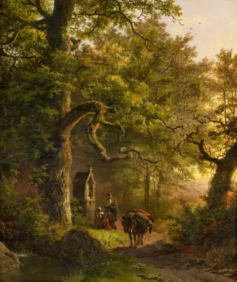 Barend Cornelis Koekkoek — Waldige Landschaft mit Andachtsbild