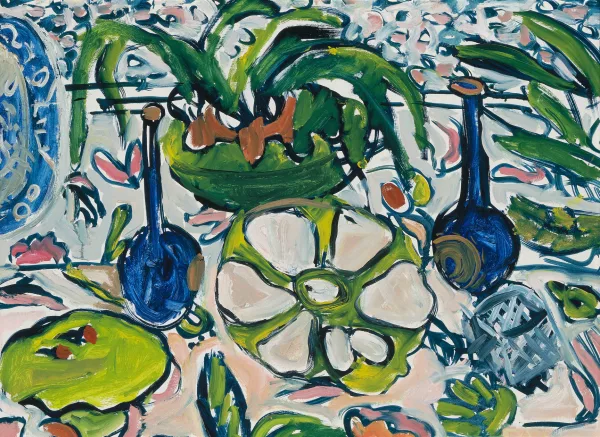 Elizabeth Cope — Stillleben mit blauen Vasen