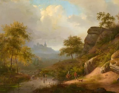 Andreas Schelfhout — Landschaft mit Burg und Staffagefiguren