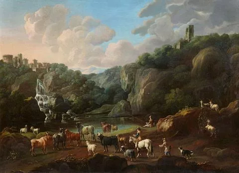 Cajetan Roos — Viehherde und Angler an einem Gebirgssee