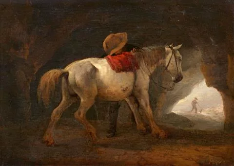 Philips Wouwerman — Weißes Pferd und Mann in einer Felsgrotte