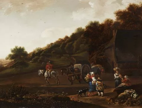 Job Berckheyde — Landschaft mit Reisenden vor einem Bauernhof