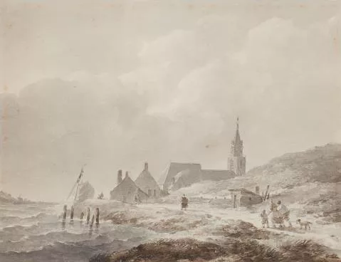 Andreas Schelfhout — Küstenlandschaft mit Dorf und einigen Figuren