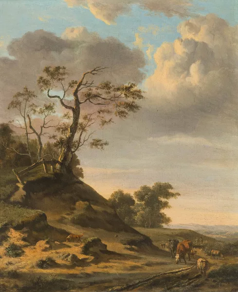 Jan Wijnants — Umkreis Hirten mit weidenden Kühen in einer hügeligen Landschaft