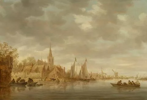 Jan van Goyen — Flusslandschaft mit Turm, Dorf und Windmühle