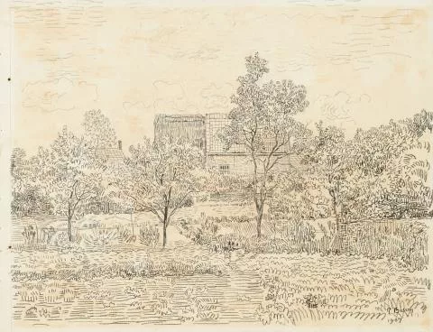 Paul Baum — Wiesen mit Gartenbäumen und Büschen vor Gehöften und Kirchturm in St. Anna