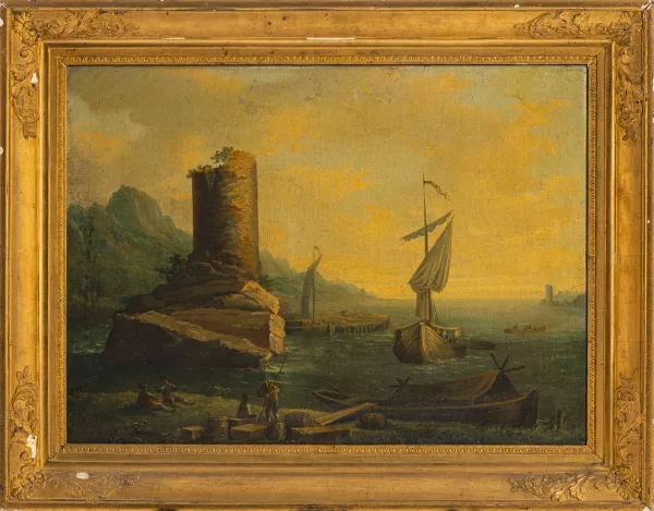 Adrien Manglard — École de Adrien Manglard — Scène de port animée à la tour
