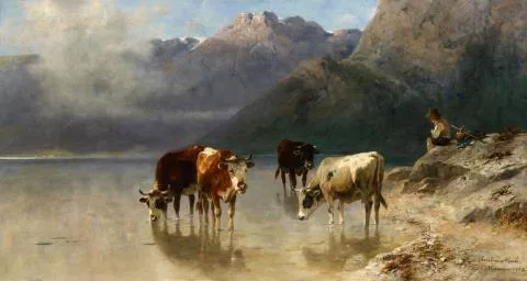 Christian Mali — Hirte mit Kühen am Ufer des Achensee