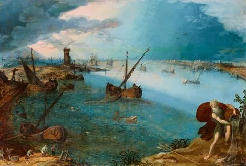 Louis de Caullery — Weite Hafenansicht mit Fischern und Neptun vor einer Stadtkulisse