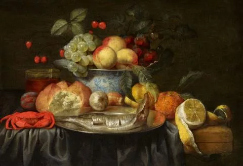 Joris van Son — Stillleben mit Brot, Krabbe, Fisch und Früchten in einer Porzellanschale