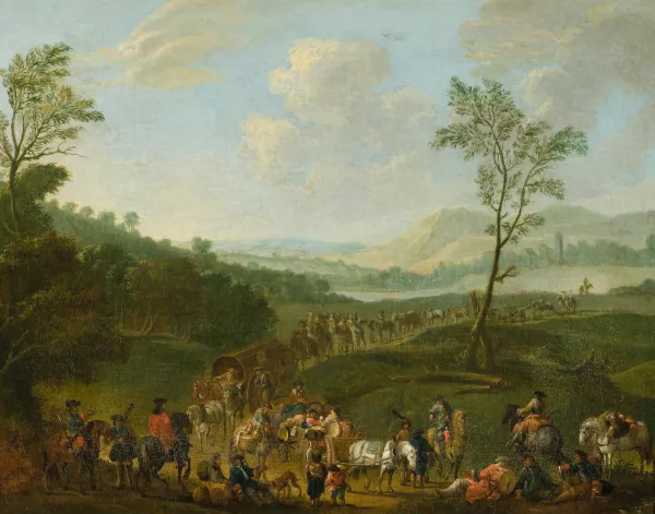 Mathys Schoevaerdts — Umkreis Marketenderzug in einer baumbestandenen Flusslandschaft