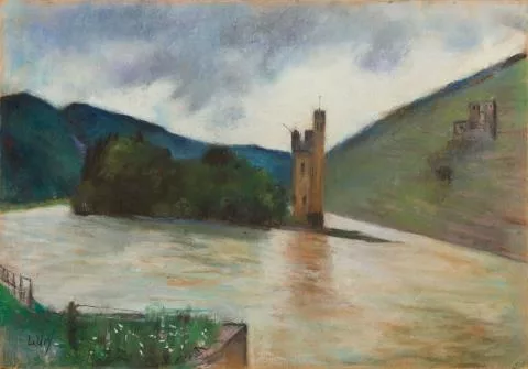 Lesser Ury — Der Mäuseturm bei Bingen mit Blick auf die Burgruine Ehrenfels
