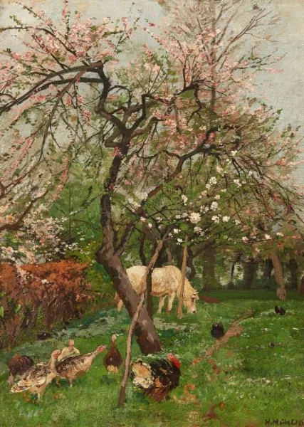 Hugo Mühlig — Blühender Obstgarten mit Geflügel und einem Schimmel