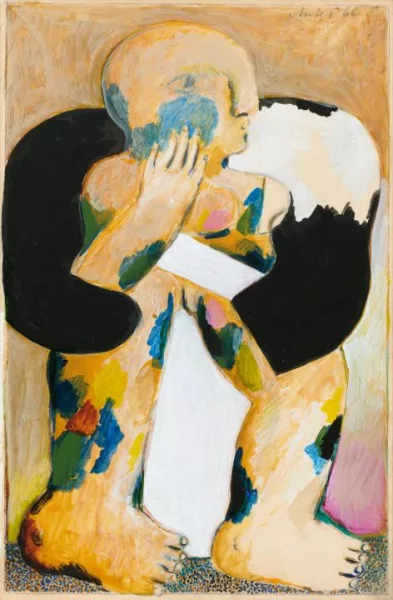 Horst Antes — Ohne Titel (Weibliche buntgefleckte Figur mit schwarzer Boa)