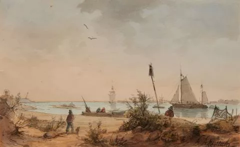 Andreas Achenbach — Küstenlandschaft mit Fischern und Segelschiffen in der Ferne