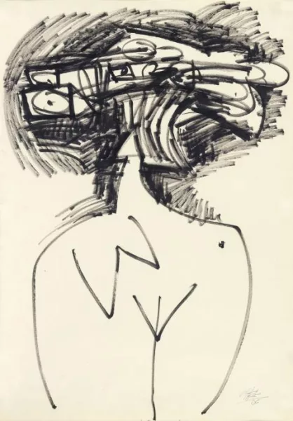 Antonio Saura — Ohne Titel (Weibliche Figurenskizze)