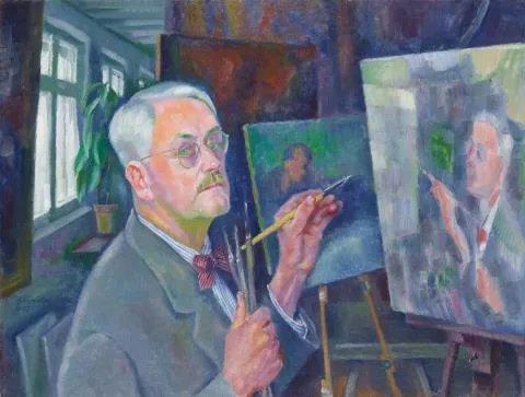 Conrad Felixmüller — Selbstbildnis mit malender Hand, Im Hintergrund Werkstatt