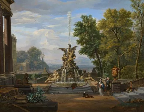 Isaac de Moucheron — Südliche Parklandschaft mit Springbrunnen und höfischem Paar