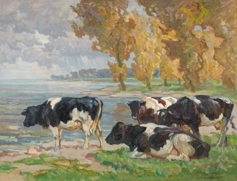 August Lüdecke-Cleve — Vier Kühe am Ufer