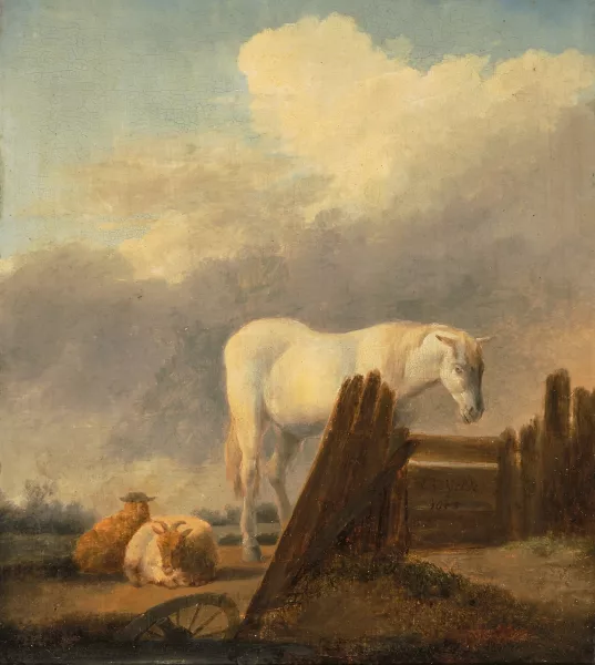 Adriaen van de Velde — Schimmel und zwei Schafe in einer Landschaft