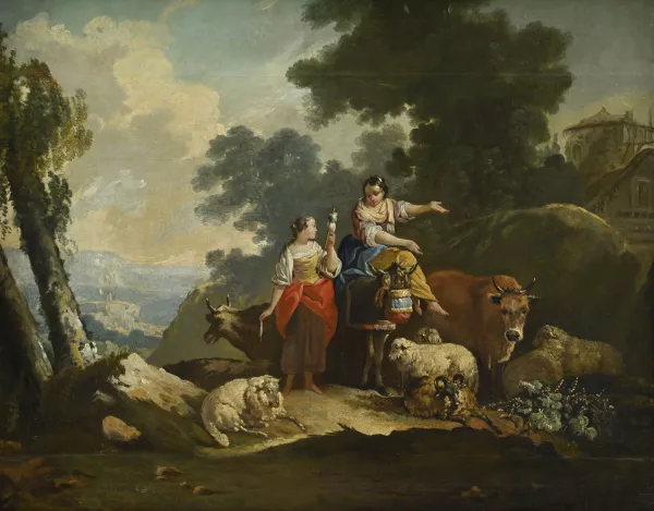 Nicolaes Pietersz. Berchem — D’après Nicolaes Berchem — Bergères et troupeau dans un paysage italien