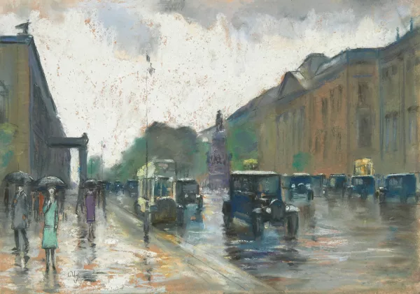 Lesser Ury — Unter den Linden mit Blick auf das Reiterstandbild Friedrich II., Altes Palais und die Bibliothek Berlin