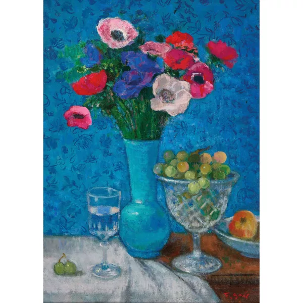 François Gall — Stillleben mit Anemonen und Trauben in Gläsern.