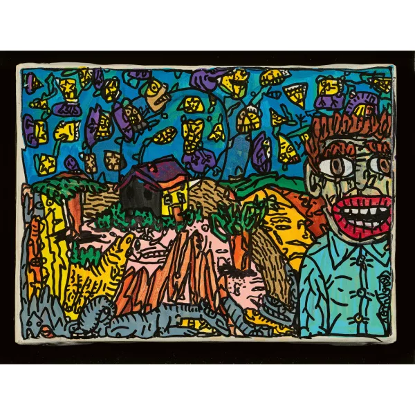 Robert Combas — "Portrait de Gérard Rirenlair avec sa petite maison coquine".