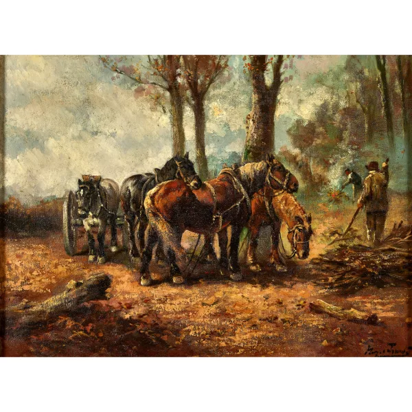 Henri Schouten — Pferde und Arbeiter am Waldrand.