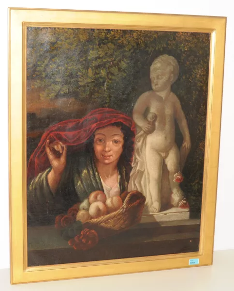 Abraham Brueghel — in der Art, um 1700 Frau mit Früchtekorb und Putto