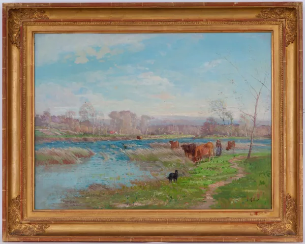 Joseph Million — Bergère et vaches au bord de l'étang