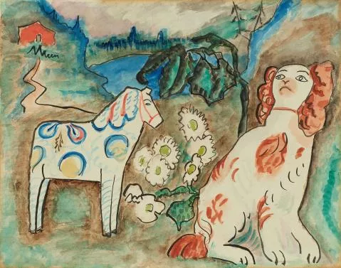 Gabriele Münter — Pferd und Hund vor rotem Haus am See