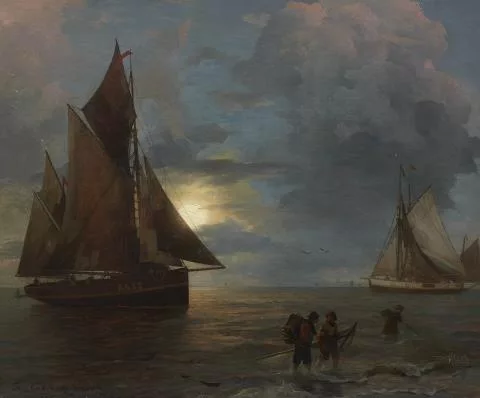Andreas Achenbach — Mondbeschienene Küstenlandschaft mit Segelschiffen
