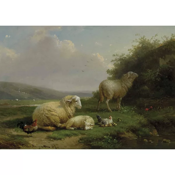 Corneille Van Leemputten — Schafe und Hühner am Teich.