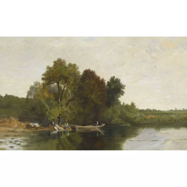 Fabius Brest — Attribué à GERMAIN FABIUS BREST — Flusslandschaft mit Frauen und Ruderboot.