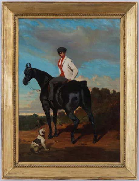 Alfred de Dreux — Jeune cavalier en veste blanche et casquette sur un cheval bai noir, avec un chien à ses pieds