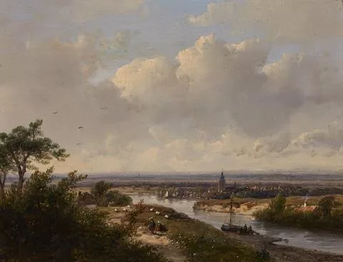 Andreas Schelfhout — Flußlandschaft mit Dorf