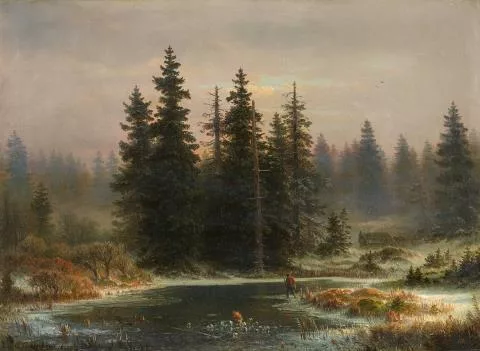 Andreas Achenbach — Landschaft mit Tannen und einem Jäger