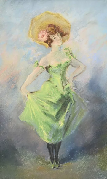Jules Chéret — Femme à la robe verte et au chapeau à fleurs