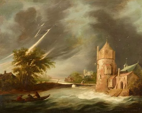 Meindert Hobbema — Flusslandschaft mit Turm im Gewitter