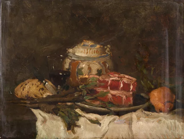 Philippe Rousseau — Attribué à Rousseau, Philippe — zugeschrieben Stilleben mit Braten, Brot und Schwarzwurzeln